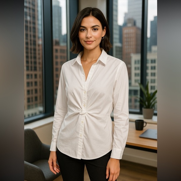 J Jill womens white long-sleeve shirt cinched front Size LT business casual - Picture 1 of 10